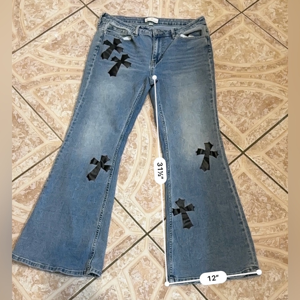 Austin Landing Gothic Crosses Flare Leg Blue Jeans - Picture 10 of 15